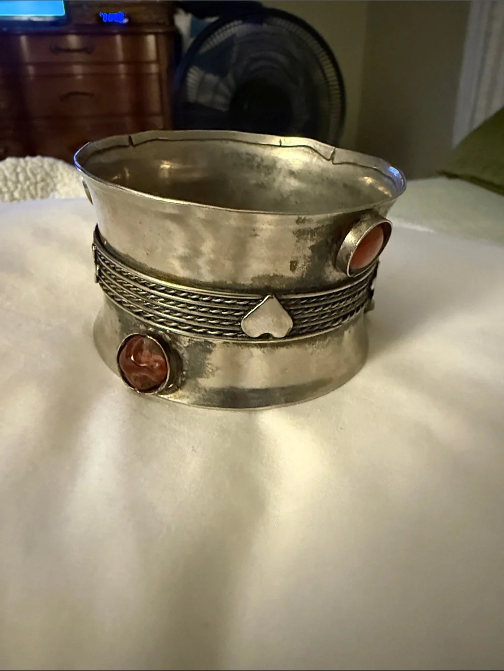 Silver Cuff Bracelet with Red Stone Accents